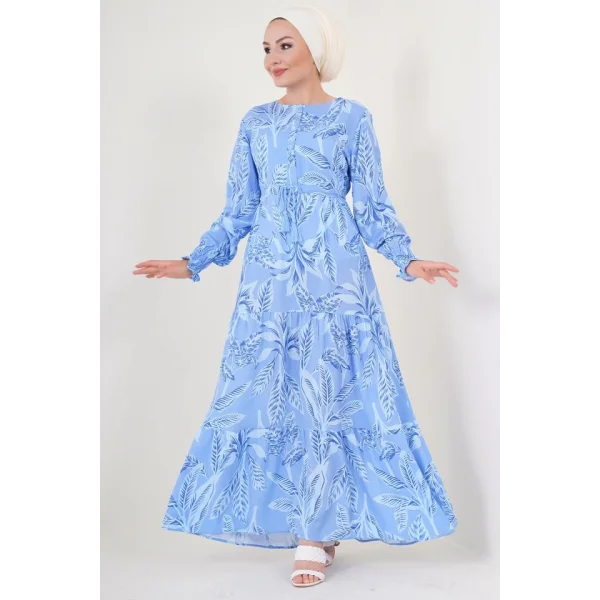 2145 Desenli Tesettür Elbise - Mavi