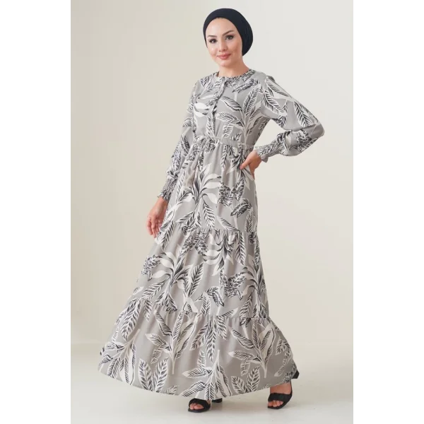 2145 Desenli Tesettür Elbise - Taş