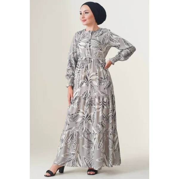 2145 Desenli Tesettür Elbise - Taş