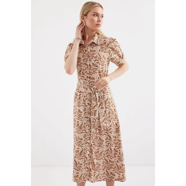 2213 Kısa Kol Viskon Elbise  Taba