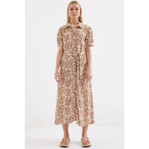 2213 Kısa Kol Viskon Elbise  Taba