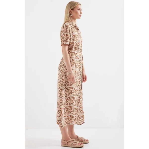 2213 Kısa Kol Viskon Elbise  Taba