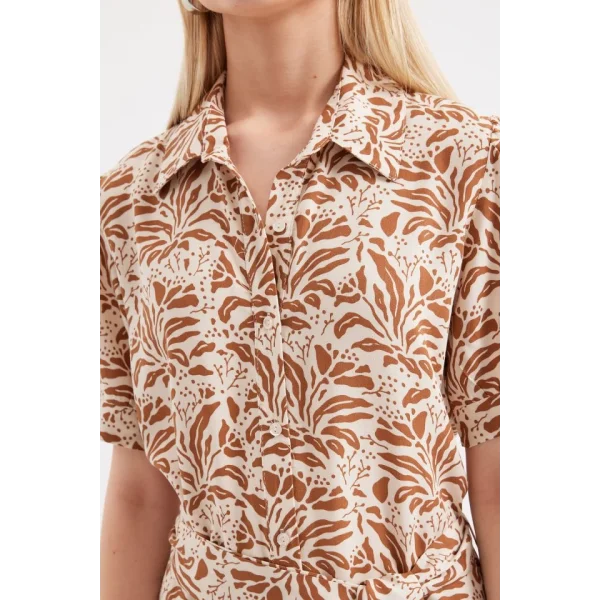 2213 Kısa Kol Viskon Elbise  Taba