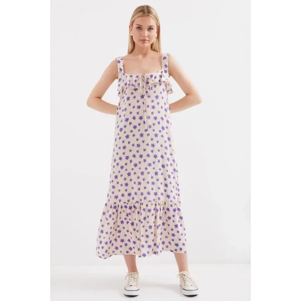 2237 Desenli Askılı Viskon Elbise  Lila