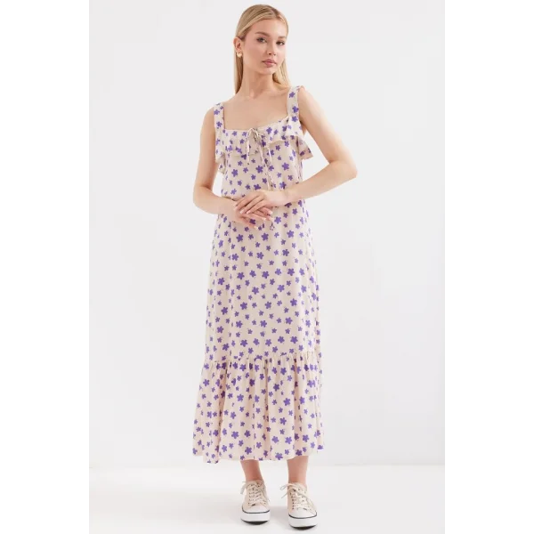 2237 Desenli Askılı Viskon Elbise  Lila