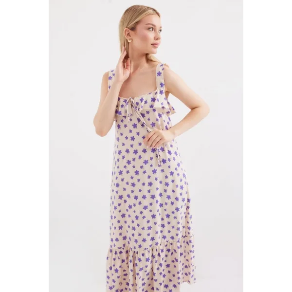 2237 Desenli Askılı Viskon Elbise  Lila