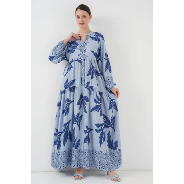 23 Otantik Desenli Tesettür Elbise  Mavi  Lacivert