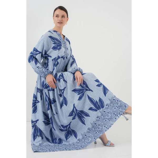23 Otantik Desenli Tesettür Elbise  Mavi  Lacivert