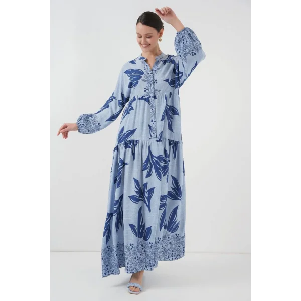 23 Otantik Desenli Tesettür Elbise  Mavi  Lacivert