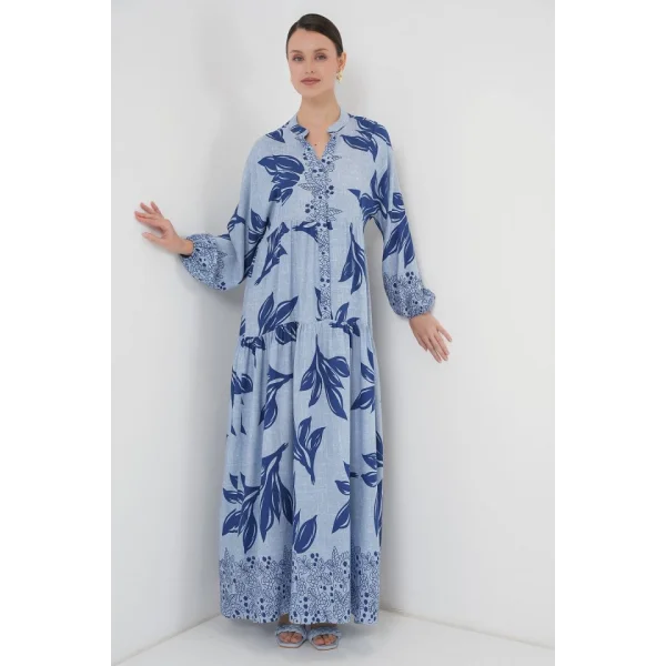 23 Otantik Desenli Tesettür Elbise  Mavi  Lacivert