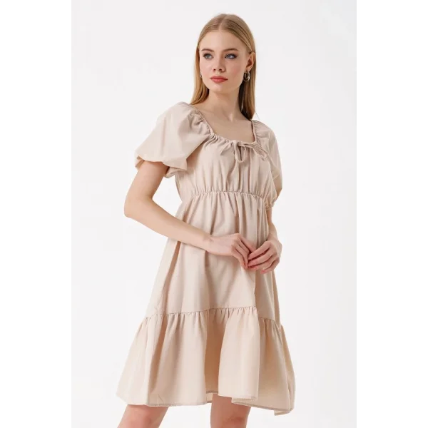 2351 Kloş Poplin Elbise  Bej