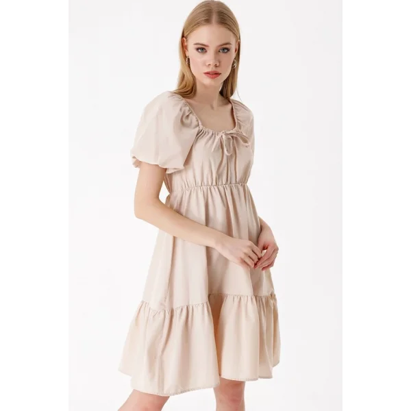 2351 Kloş Poplin Elbise  Bej