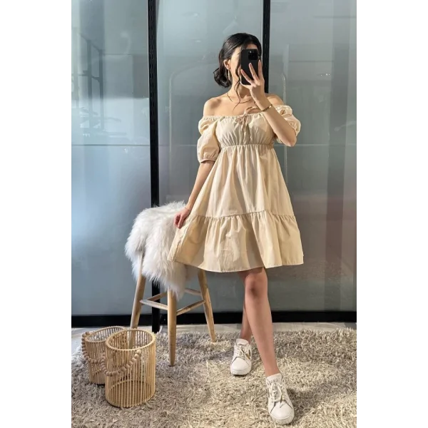 2351 Kloş Poplin Elbise  Krem