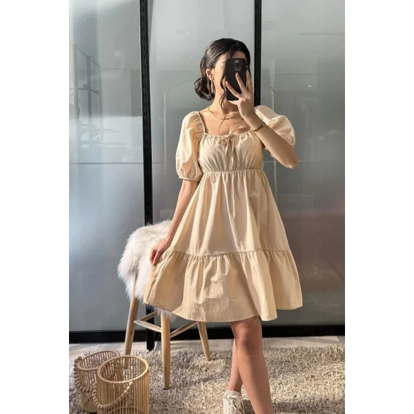 2351 Kloş Poplin Elbise  Krem