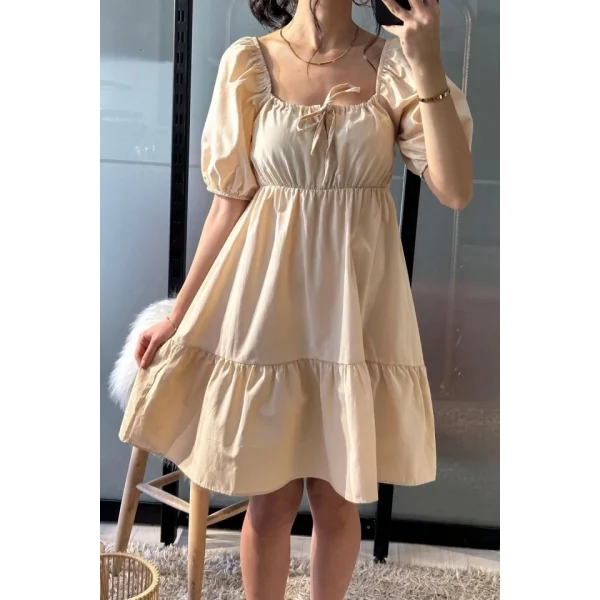 2351 Kloş Poplin Elbise  Krem