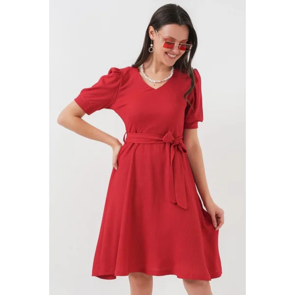 2370 Kuşaklı Örme Elbise  Kırmızı