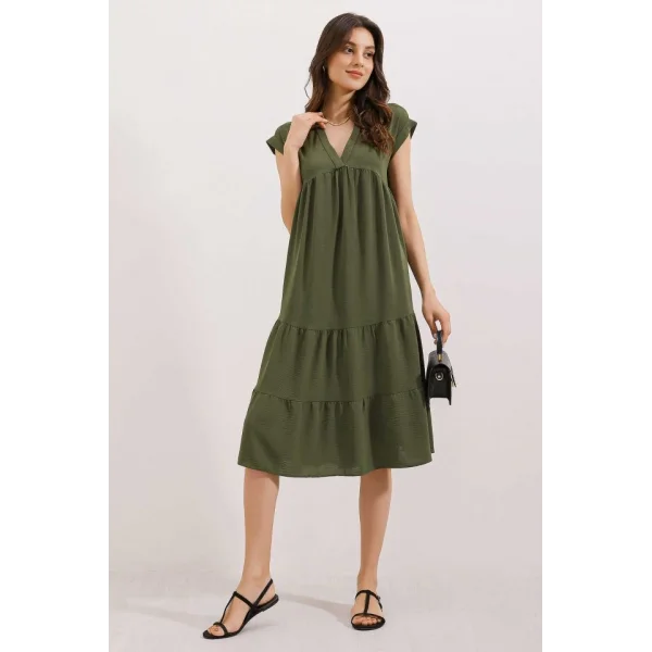 2398 V Yaka Volanlı Elbise  Haki