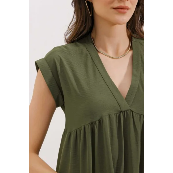 2398 V Yaka Volanlı Elbise  Haki