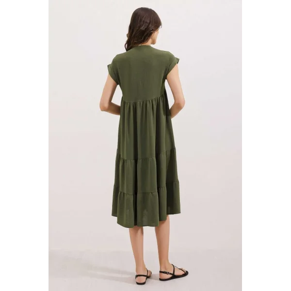 2398 V Yaka Volanlı Elbise  Haki