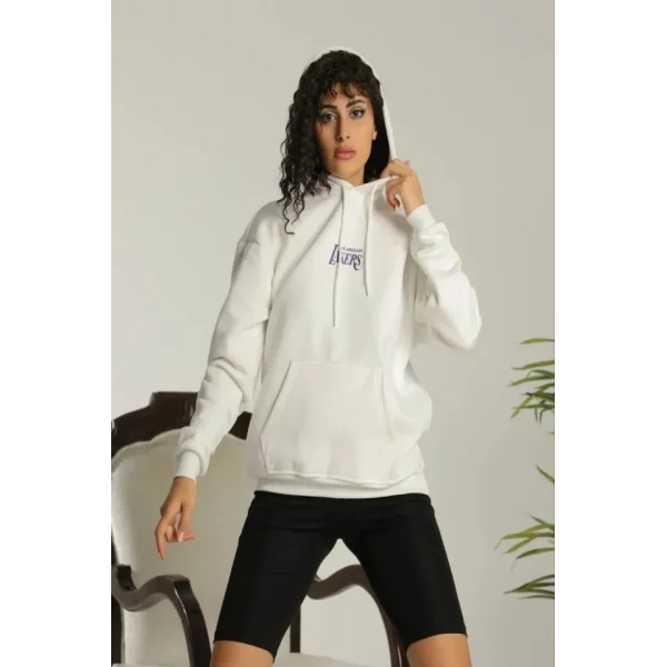 24 Sırt Baskılı Ovresize Üç İplik Kapüşonlu Sweatshirt - Beyaz