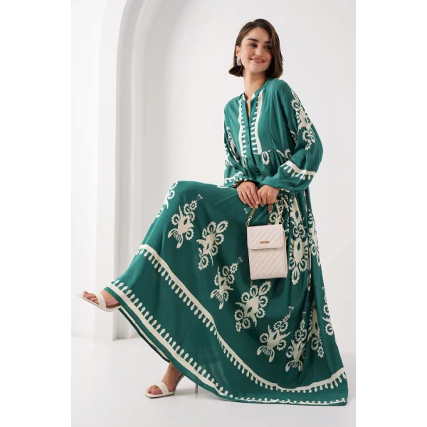 2423 Otantik Desenli Tesettür Elbise - A. Zümrüt Yeşili