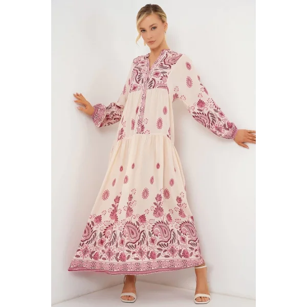 2423 Otantik Desenli Tesettür Elbise - Bordo 1