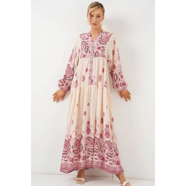 2423 Otantik Desenli Tesettür Elbise - Bordo 1