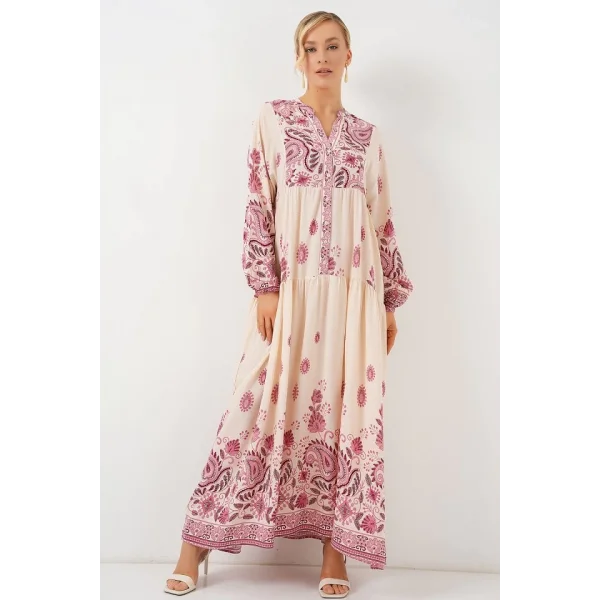 2423 Otantik Desenli Tesettür Elbise - Bordo 1