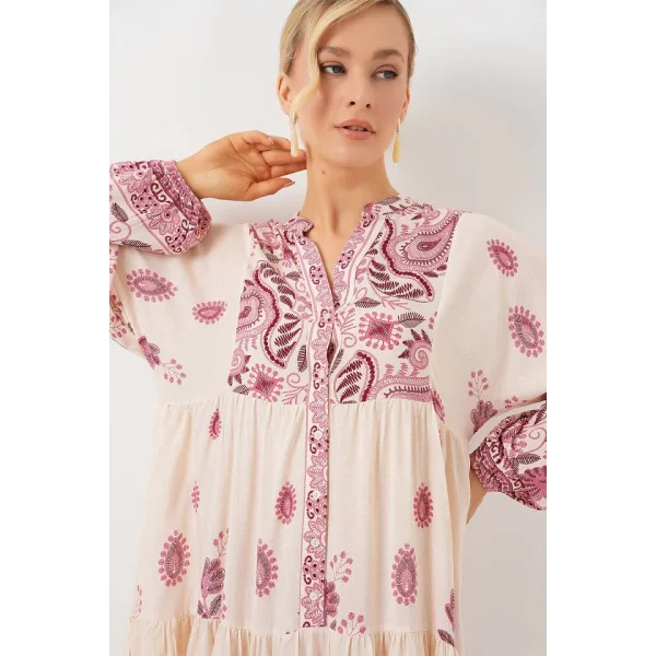 2423 Otantik Desenli Tesettür Elbise - Bordo 1