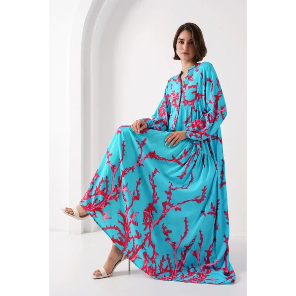 2423 Otantik Desenli Tesettür Elbise - Buz Mavi