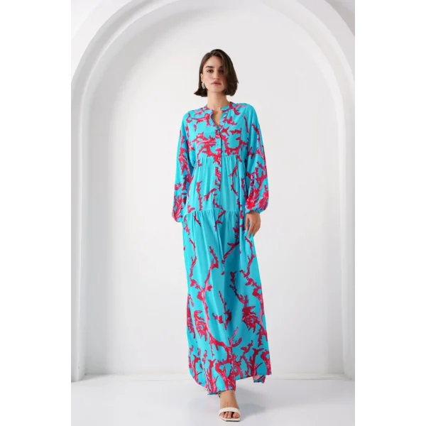 2423 Otantik Desenli Tesettür Elbise - Buz Mavi