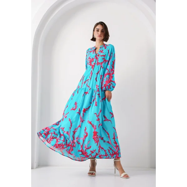 2423 Otantik Desenli Tesettür Elbise - Buz Mavi