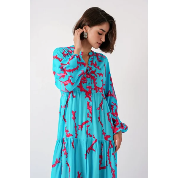 2423 Otantik Desenli Tesettür Elbise - Buz Mavi