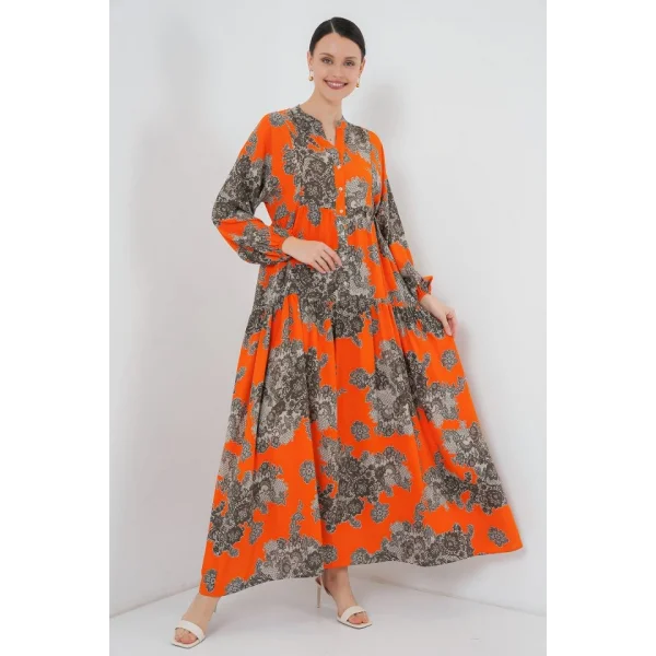 2423 Otantik Desenli Tesettür Elbise - E. Turuncu