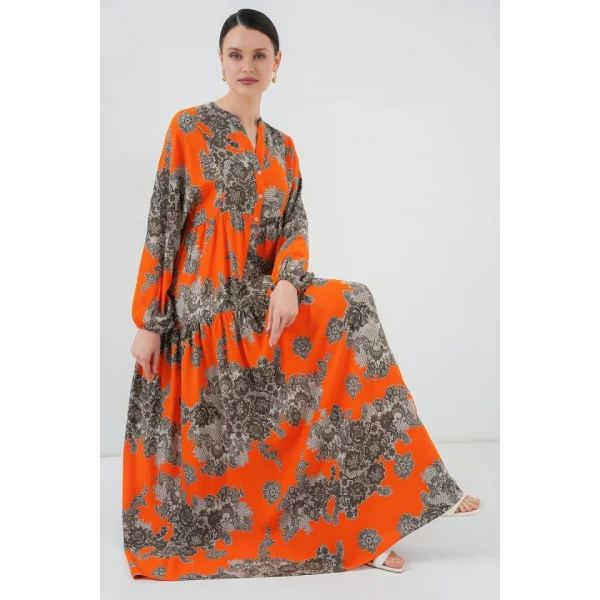 2423 Otantik Desenli Tesettür Elbise - E. Turuncu