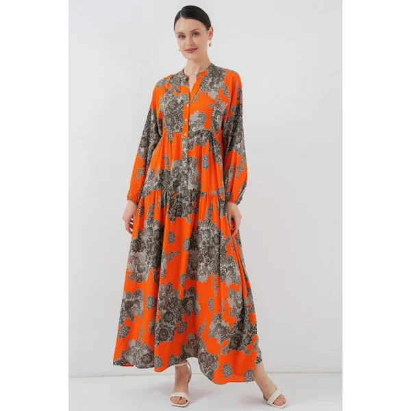 2423 Otantik Desenli Tesettür Elbise - E. Turuncu
