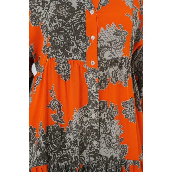 2423 Otantik Desenli Tesettür Elbise - E. Turuncu
