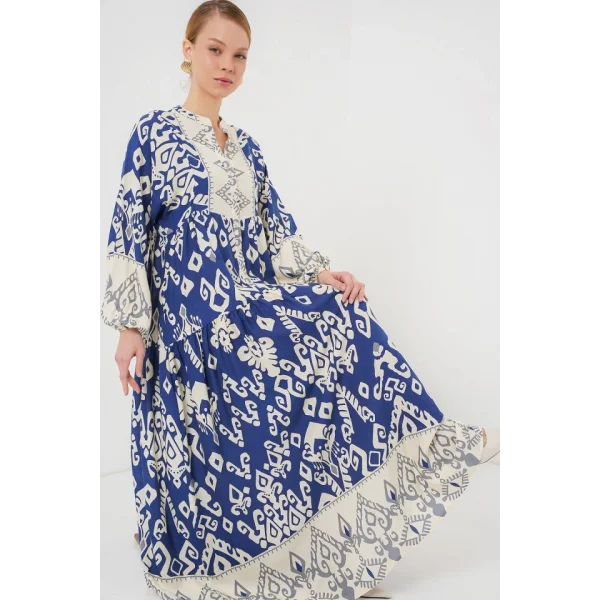 2423 Otantik Desenli Tesettür Elbise - İndigo 1