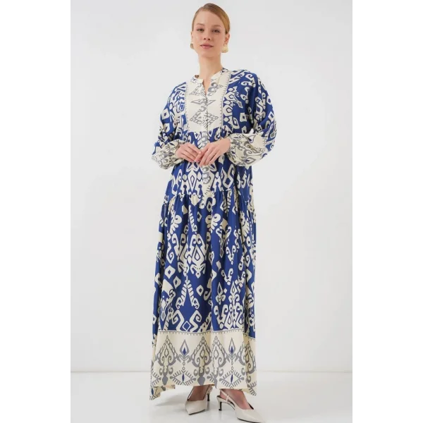 2423 Otantik Desenli Tesettür Elbise - İndigo 1