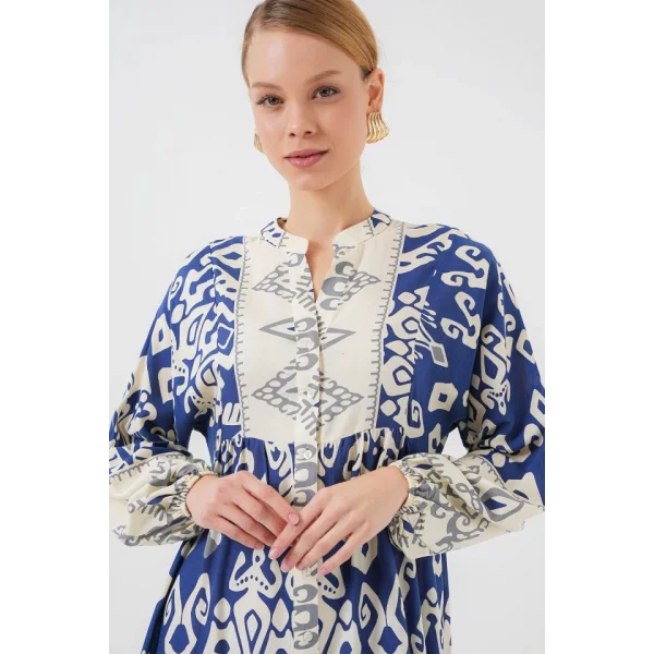 2423 Otantik Desenli Tesettür Elbise - İndigo 1