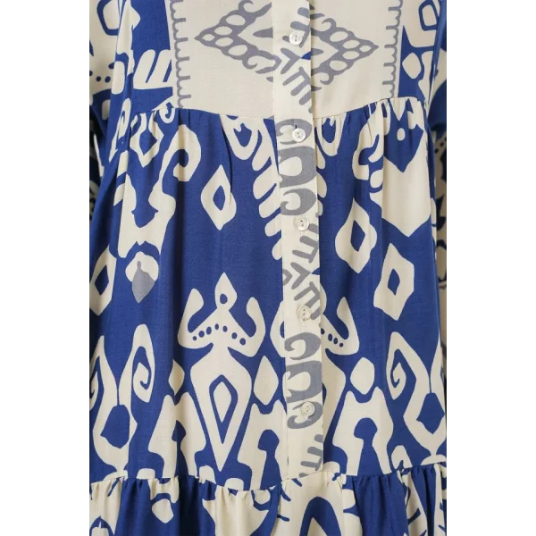 2423 Otantik Desenli Tesettür Elbise - İndigo 1