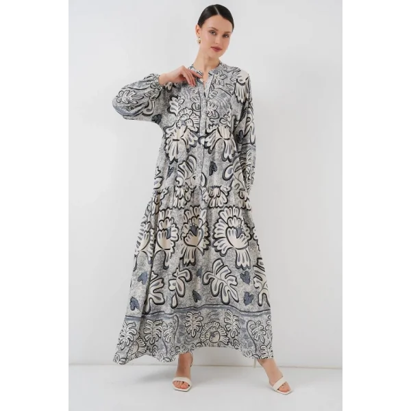 2423 Otantik Desenli Tesettür Elbise - K. Antrasit