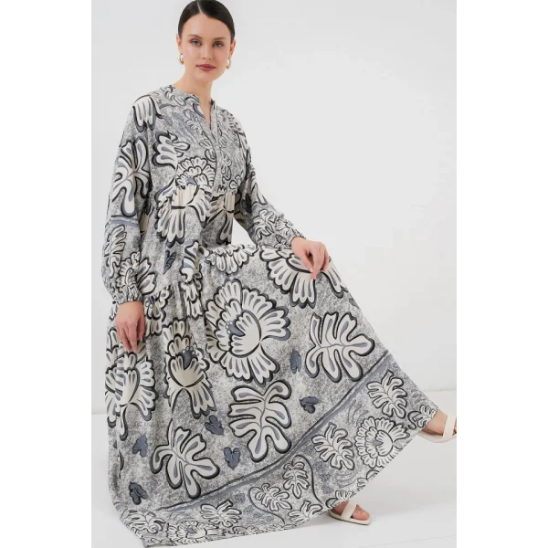 2423 Otantik Desenli Tesettür Elbise - K. Antrasit