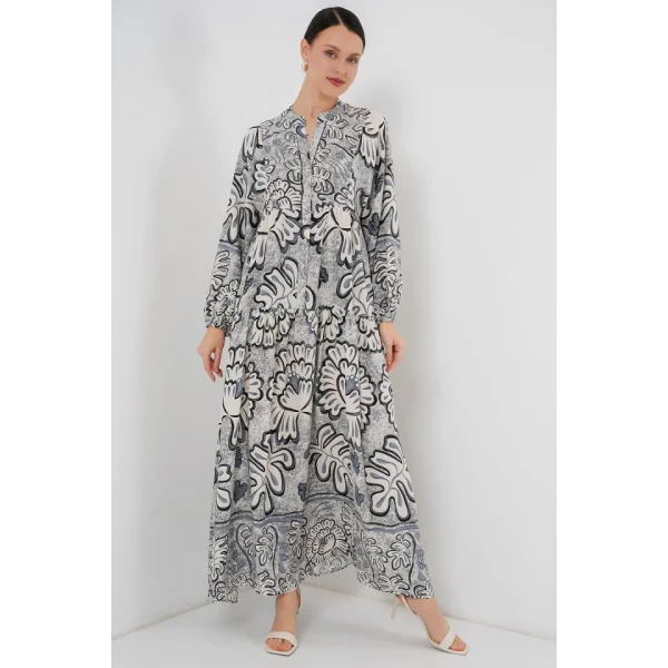 2423 Otantik Desenli Tesettür Elbise - K. Antrasit