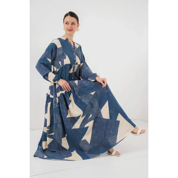 2423 Otantik Desenli Tesettür Elbise - K. İndigo