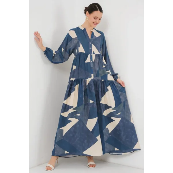 2423 Otantik Desenli Tesettür Elbise - K. İndigo