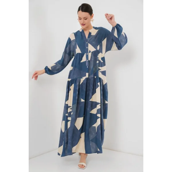 2423 Otantik Desenli Tesettür Elbise - K. İndigo