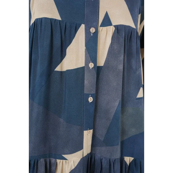 2423 Otantik Desenli Tesettür Elbise - K. İndigo