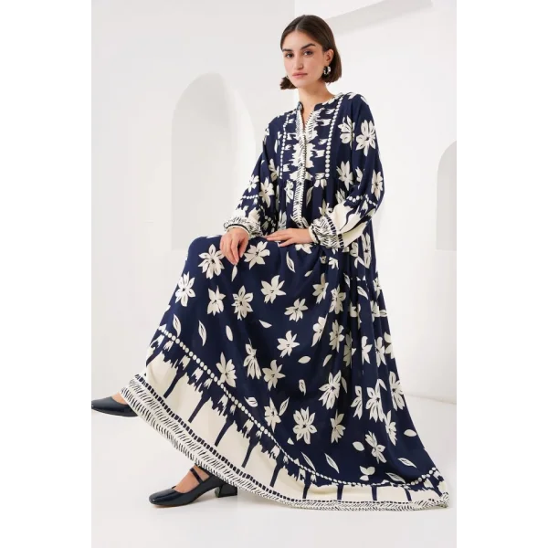2423 Otantik Desenli Tesettür Elbise - L. Lacivert