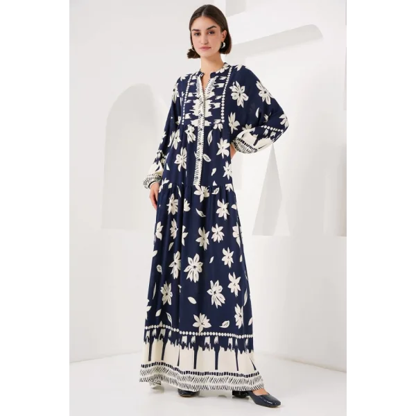 2423 Otantik Desenli Tesettür Elbise - L. Lacivert